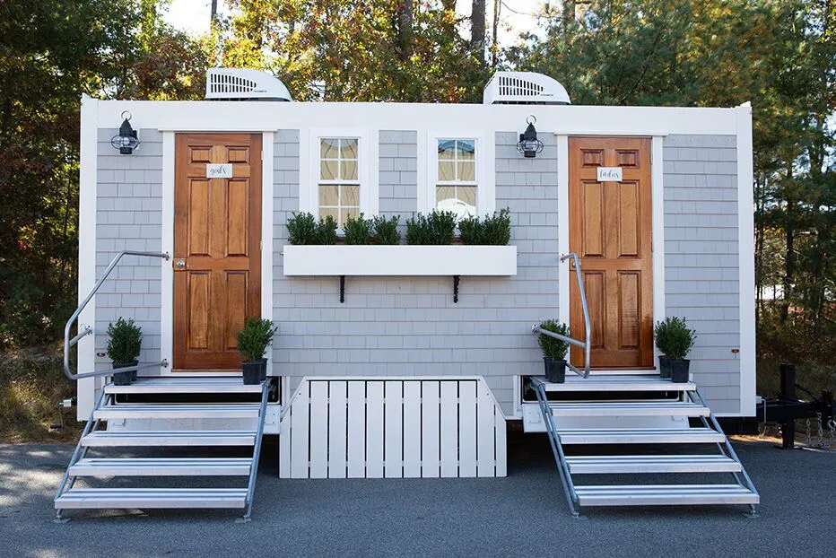 Wedding restroom units discretely staged at a venue in Galveston, Texas
